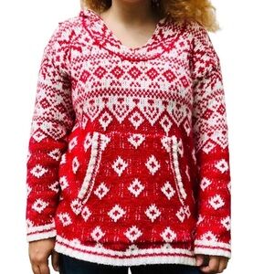 NWT Pink Rose Large Red and White Women's Hooded Sweater with Kangaroo Pockets